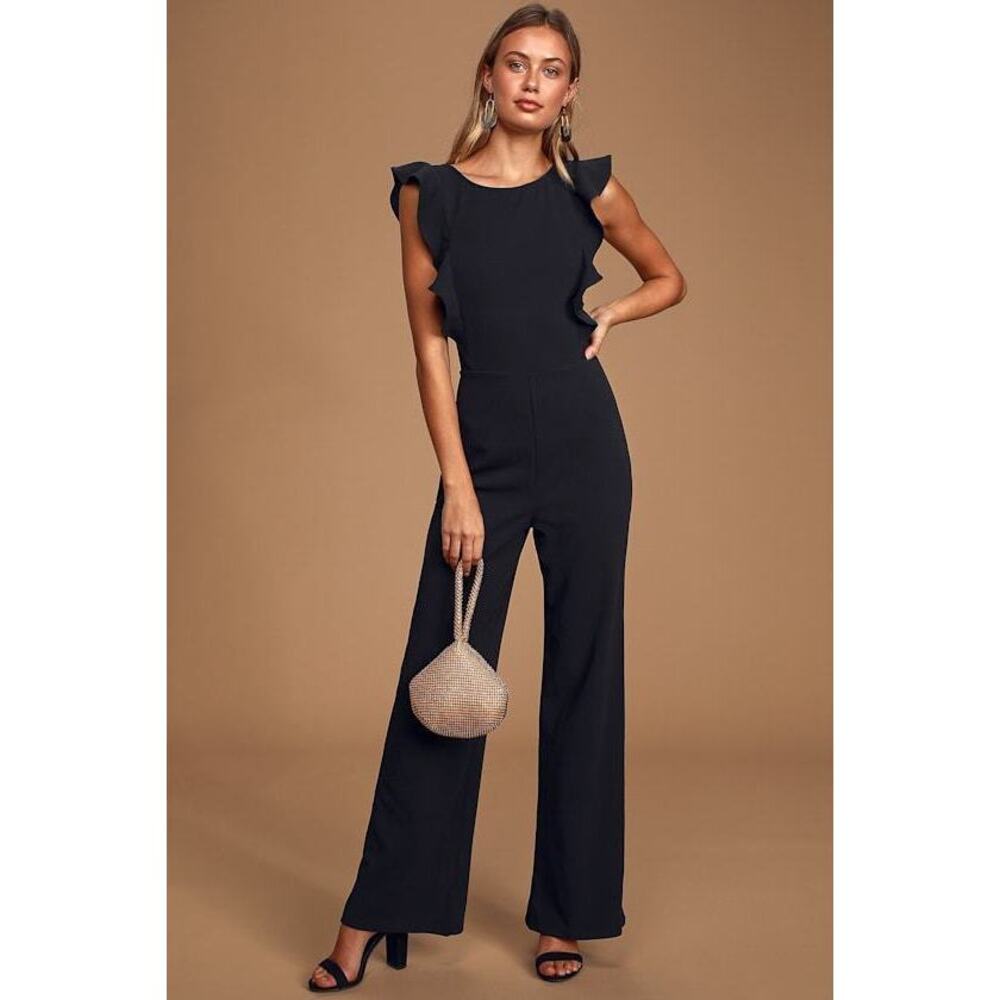Lulus Feel Your Love Black Ruffled Wide-leg Jumpsuit - Size L